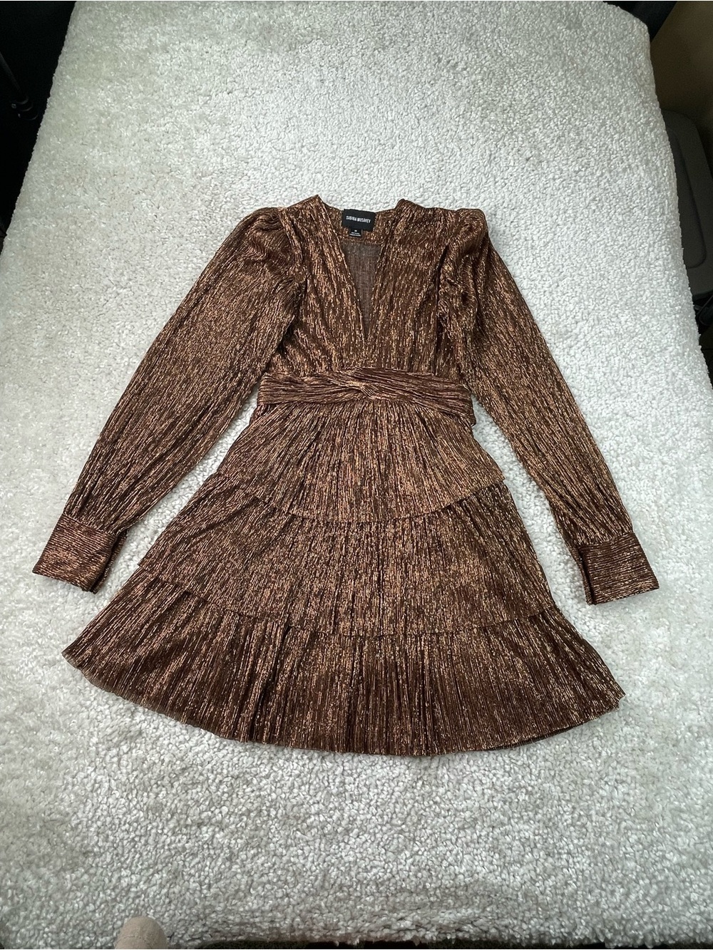 Sabina Musayev Gold Brown Metallic Bronze Dress. Tie Waist Tiered Semi Sheer Med - Picture 10 of 13